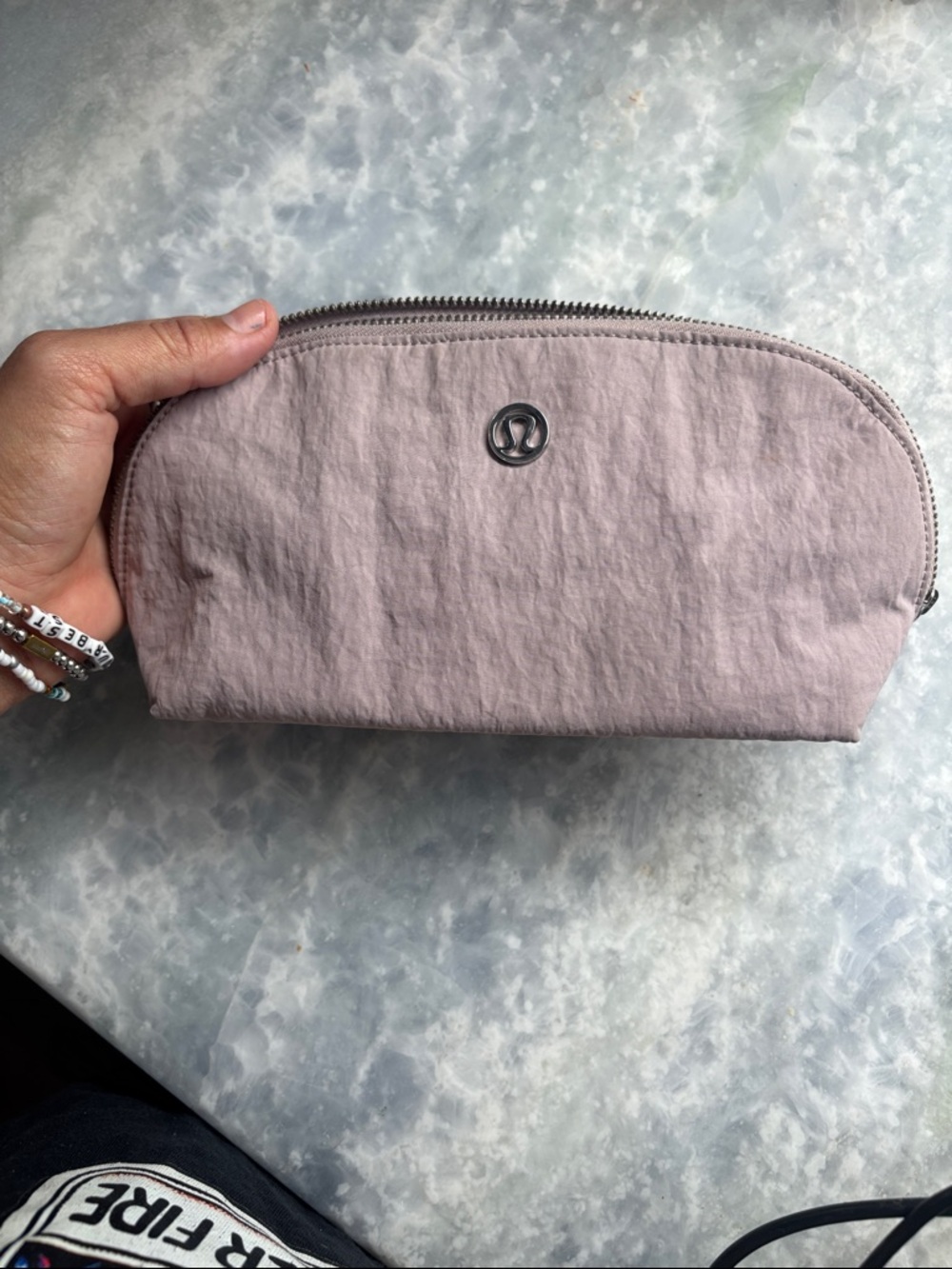 lululemon lavender/dusty pink zip pouch with silver logo